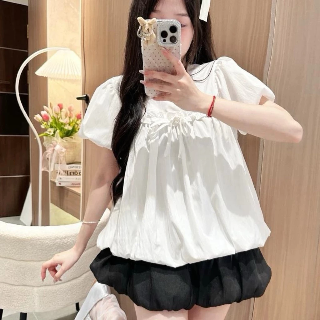 Áo Babydoll Cổ Tròn Tay Phồng Xinh Xắn,Áo Kiểu Nữ Nhún Nơ Ngực Form Bí Ngắn Tay Phong Cách Vintage