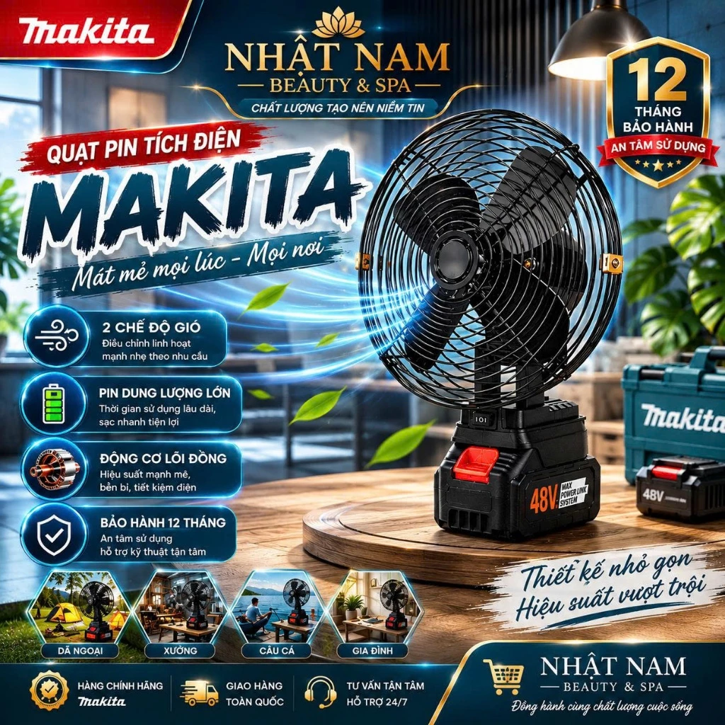 Quạt Pin Tích Điện MAKITA, Quạt Để Bàn Công Suất Lớn, Làm Mát Cực Nhanh, Kết Cấu Chắc Chắn, Hoạt Động Bền Bỉ, Mạnh Mẽ