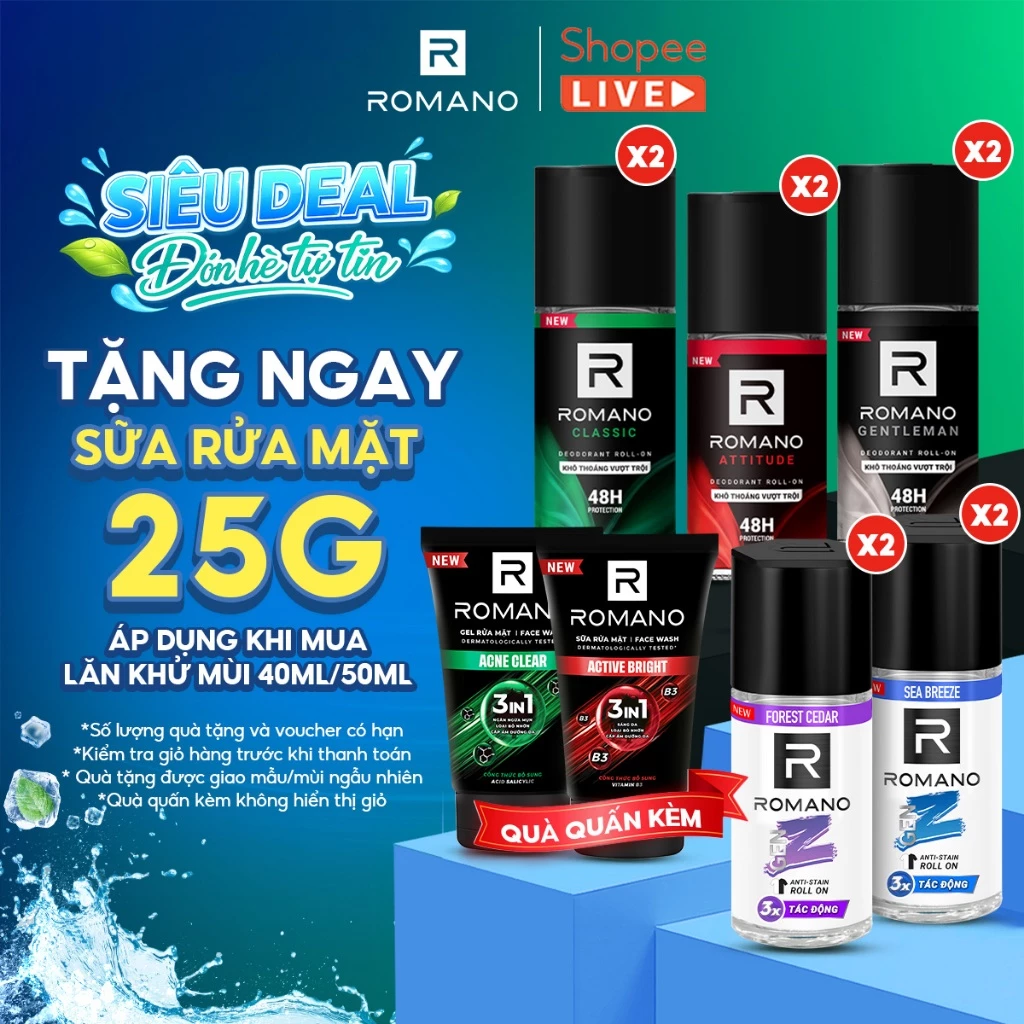 Combo 2 Lăn khử mùi nam ngăn vệt ố vàng Romano Gen Z / kháng khuẩn & khô thoáng ( 40ml / 50ml / 65ml x 2 ) - Live