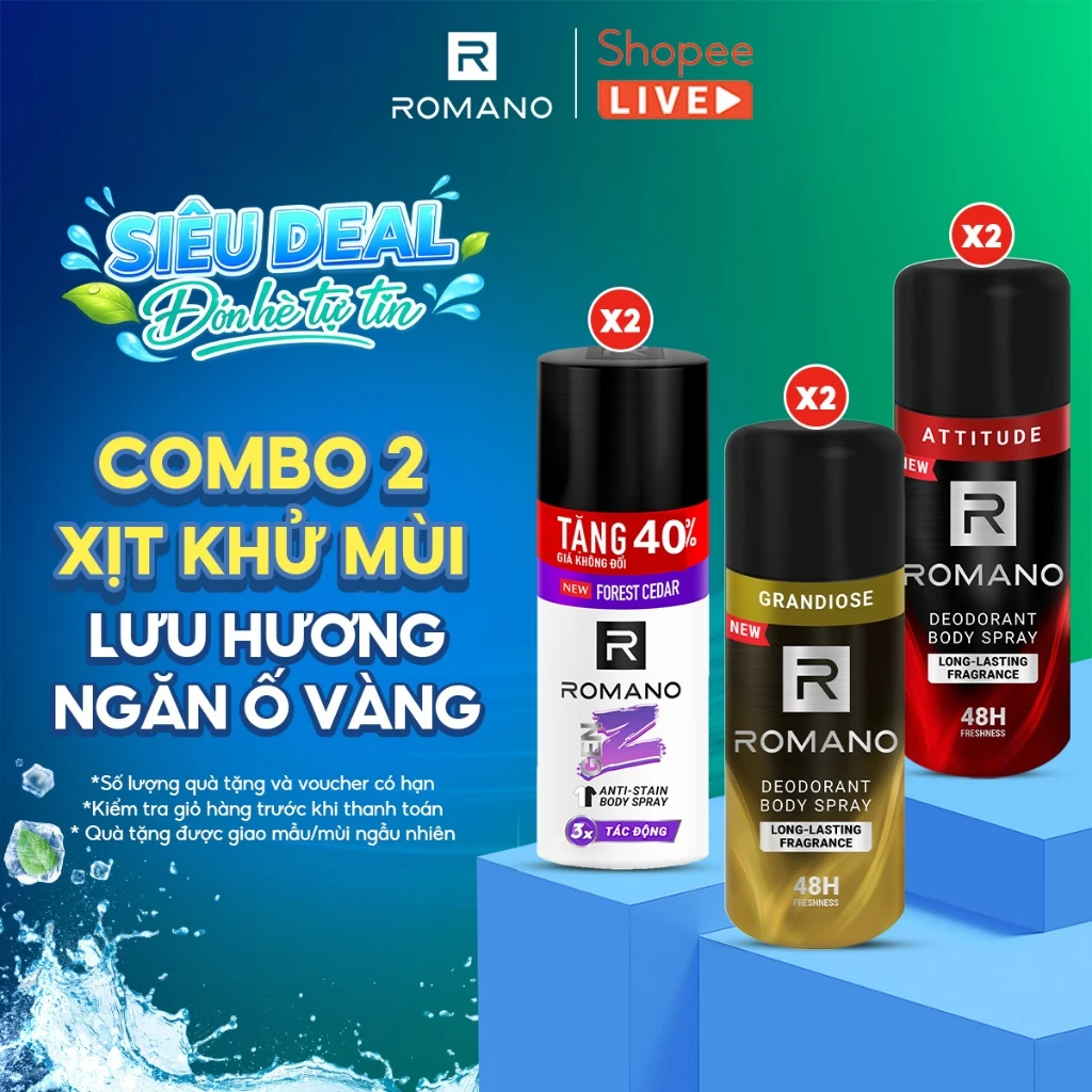 [Shopee Debut] Combo 2 Xịt khử mùi toàn thân cho nam Romano ngăn mồ hôi, ngăn vệt ố vàng ( 140ml / 150ml x 2 )-Live