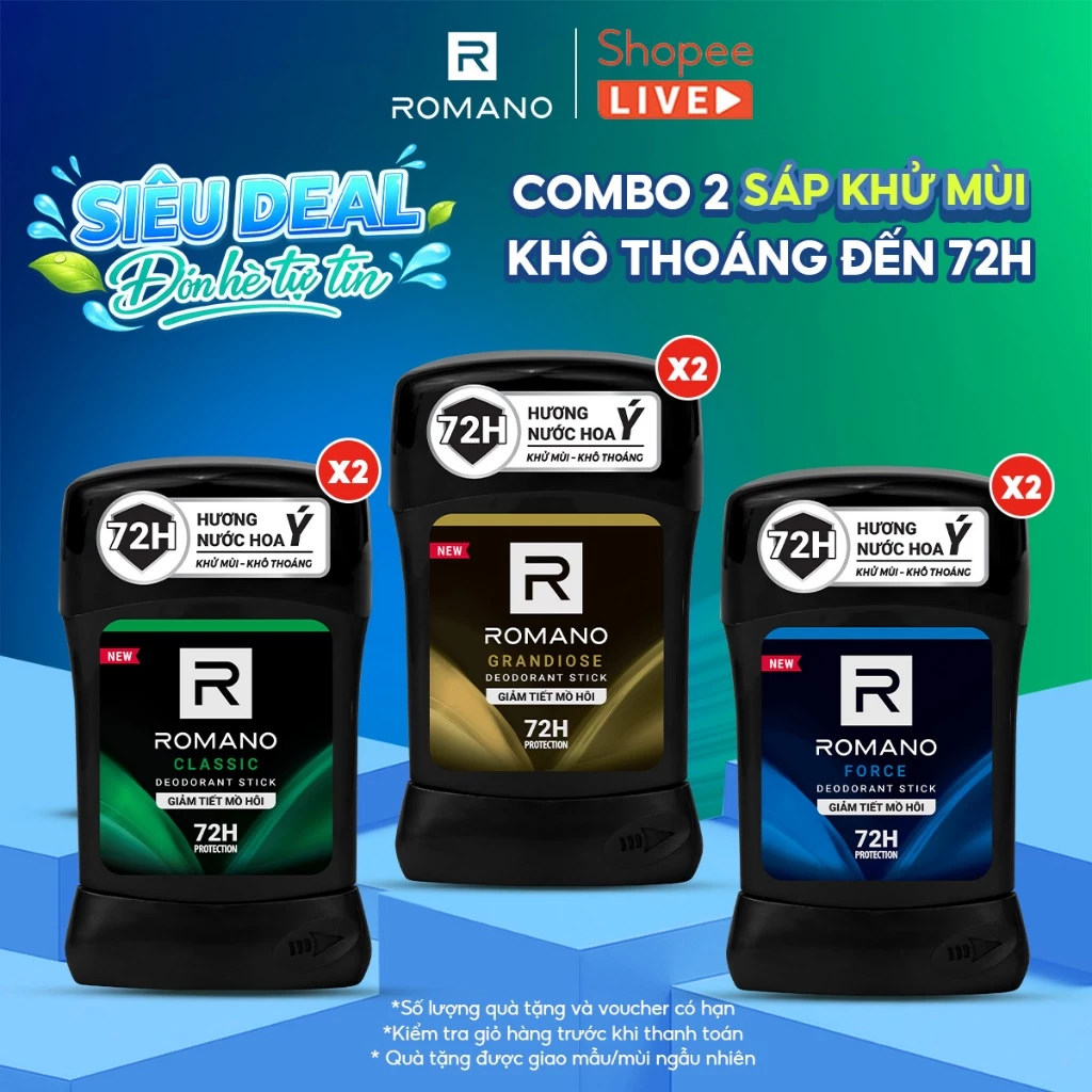 Combo 2 Sáp ngăn mùi cho nam Romano 50g - Khử mùi 72H, lưu hương Ý dài lâu - Live
