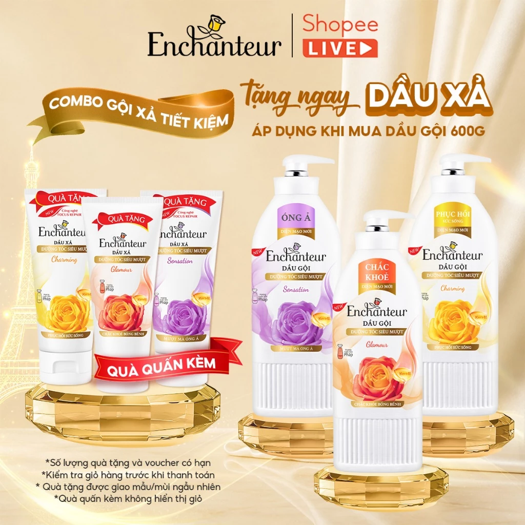 [RẺ VÔ ĐỊCH] Combo Dầu gội 600g Enchanteur tặng Dầu xả 550g dưỡng tóc mượt thơm lâu - live (quà mùi ngẫu nhiên) - HĐT
