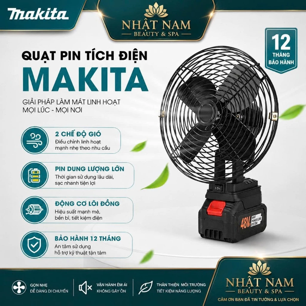 Quạt Tích Điện Để Bàn Chạy Pin MAKITA, Quạt Tích Điện Mini 8 Inch Công Suất Lớn, Làm Mát Cực Nhanh, Hoạt Động Bền Bỉ