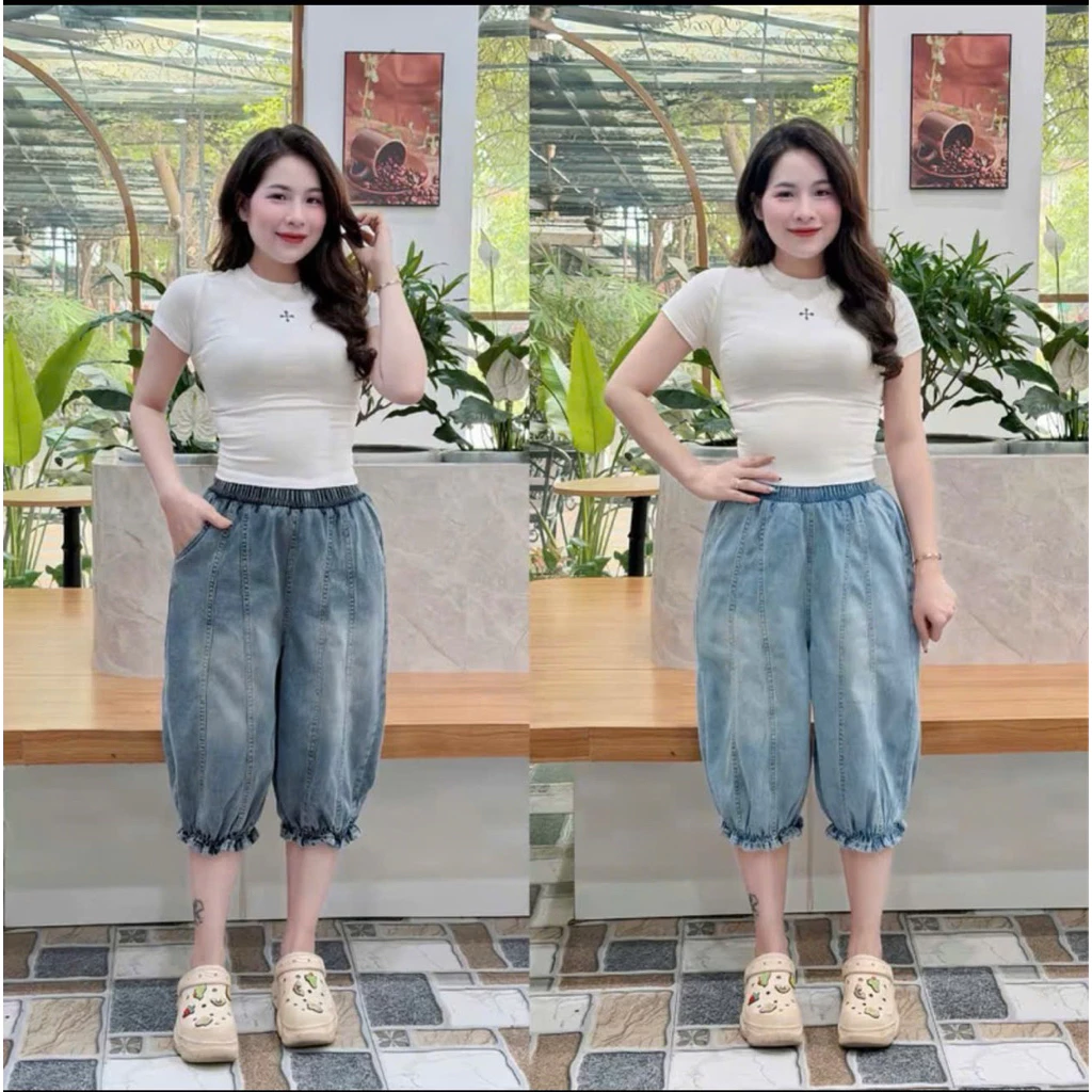 Quần jeans giấy ngố vải mềm cạp chun có phối bèo gấu xinh xắn trẻ trung