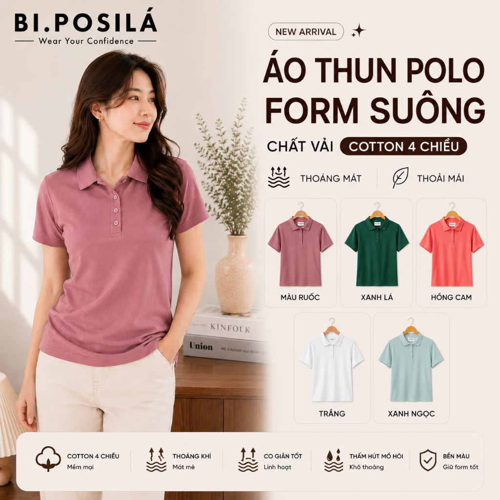 [A26-MẪU MỚI] ÁO THUN POLO NỮ CỔ TRỤ BASIC BI.POSILÁ TAY NGẮN, VẢI COTTON CO GIÃN 4 CHIỀU MÁT MẺ 40 - 68KG