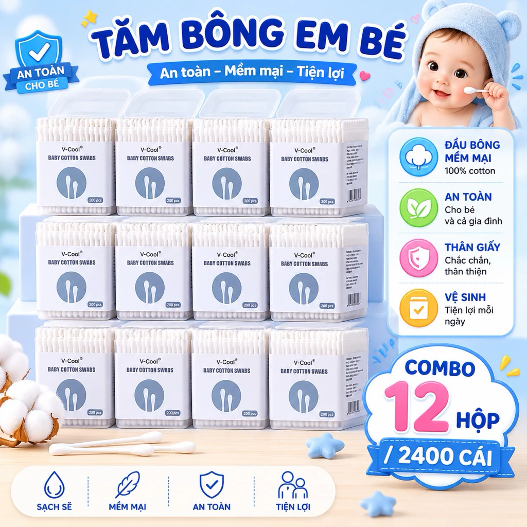 [ Hỏa Tốc ] Combo 12 Hộp / 2400 Tăm Bông Ngoáy Tai Kháng Khuẩn V-Cool Cho Trẻ Sơ Sinh – An Toàn, 2 Đầu Mềm Mại, Không Xơ