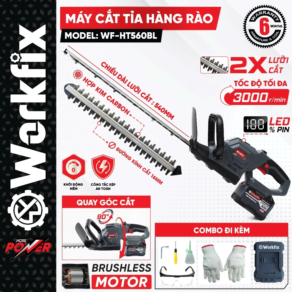 [TẶNG PHỤ KIỆN] Máy Cắt Tỉa Hàng Rào Workfix WF-HT560BL Lõi Đồng 100% - Công Suất 600W - Máy cắt pin