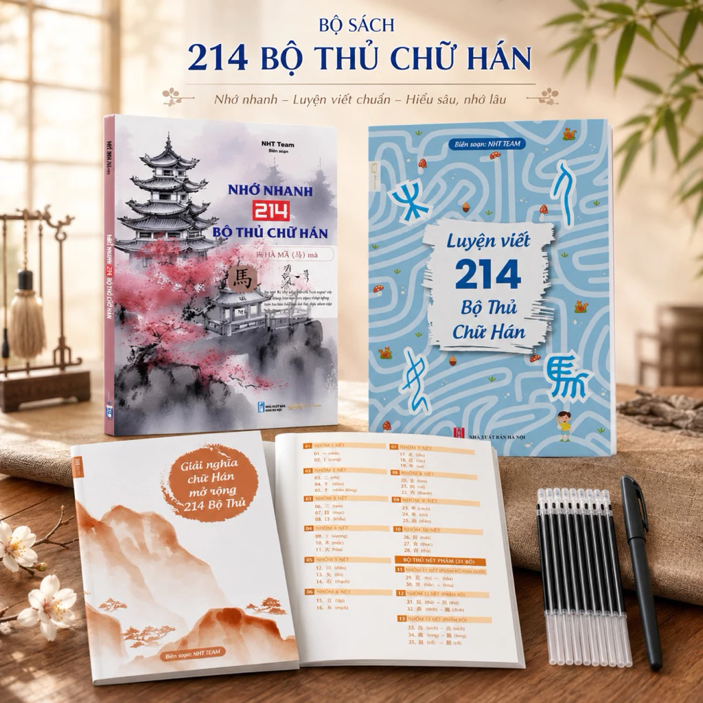 Combo Sách Nhớ Nhanh 214 Bộ Thủ Chữ Hán+Luyện Viết 214 Bộ Thủ Chữ Hán NHT BOOKS(tặng 1 bút 10 ngòi bay màu)