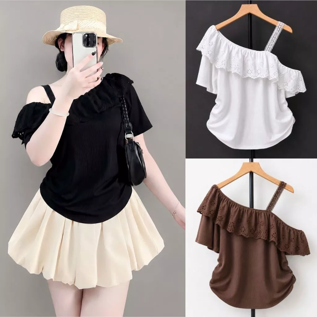 Áo kiểu lệch vai bigsize nữ, chất liệu thun gân tăm co giãn phối ren xô hoa cao cấp, thiết kế nhẹ nhàng sang trọng-A358