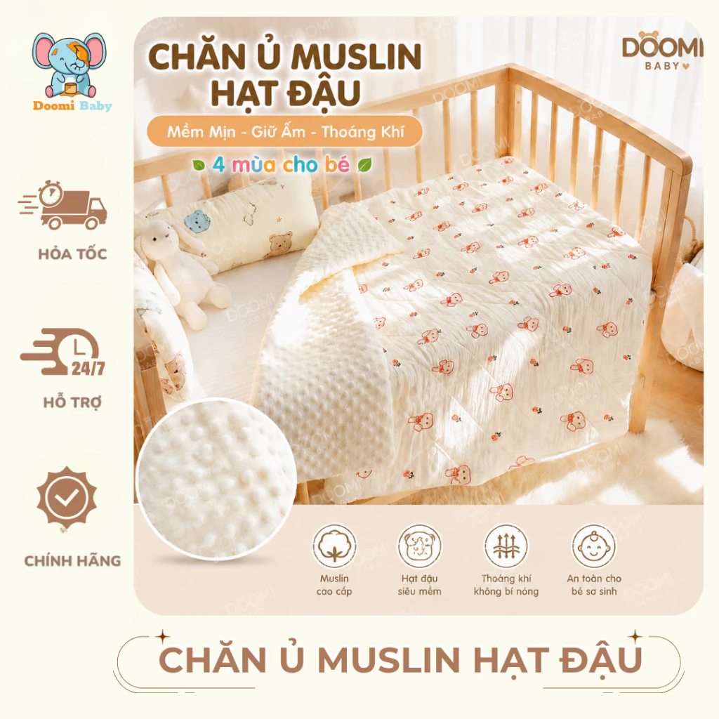 Chăn Ủ Thu Đông, Chăn Muslin Hạt Đậu Dày Dặn Mềm Mịn, Thoáng Khí Không Bí Doomi Baby-HT658 - HT660