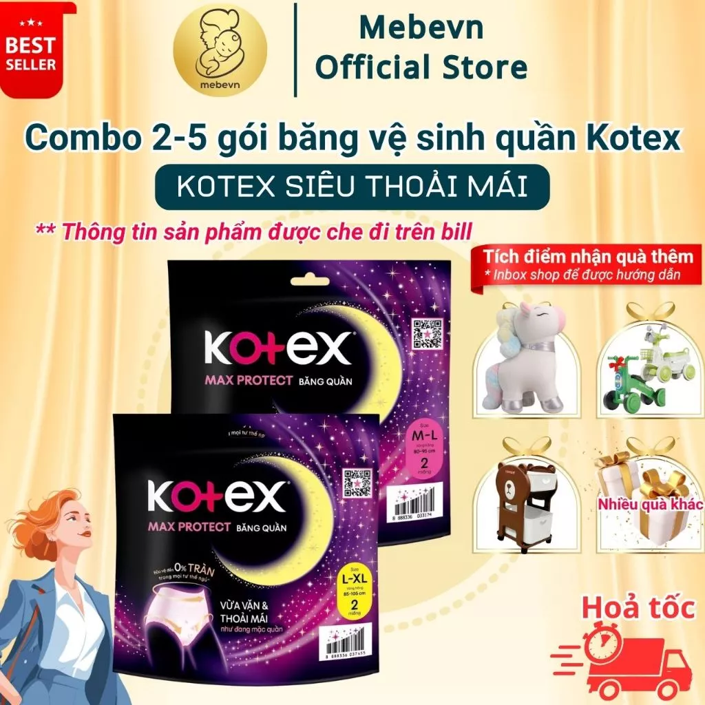 Combo băng vệ sinh quần Kotex, băng vệ sinh nữ dạng quần chống tràn Size M/L-L/XL 2 miếng / gói