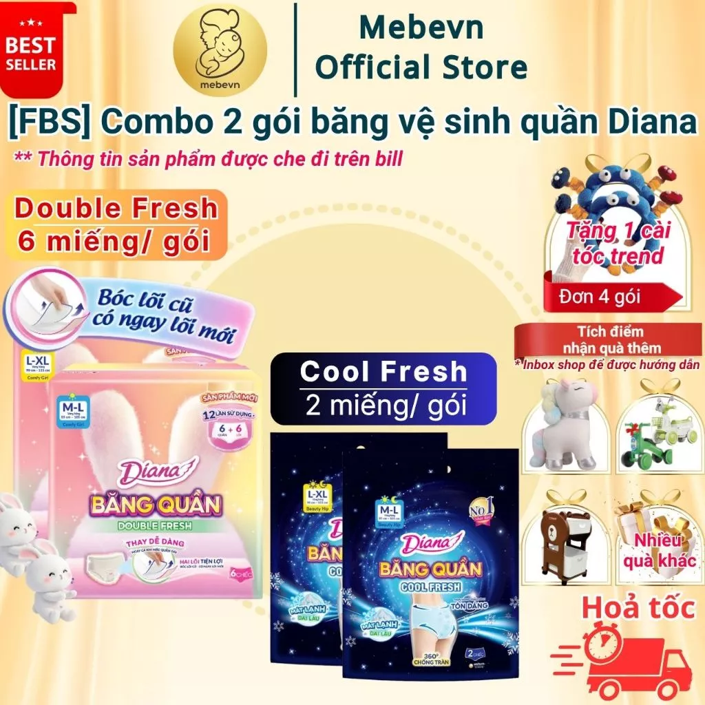 [FBS] Combo 2 gói băng vệ sinh nữ dạng quần Diana Double Fresh & Cool Fresh, combo băng vệ sinh quần