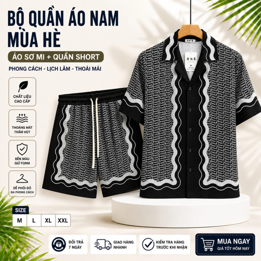 áo sơ mi họa tiết nam đi biển dáng suông, bộ quần áo ngắn tay vải lụa thoáng khí siêu mát PLN fashion N58