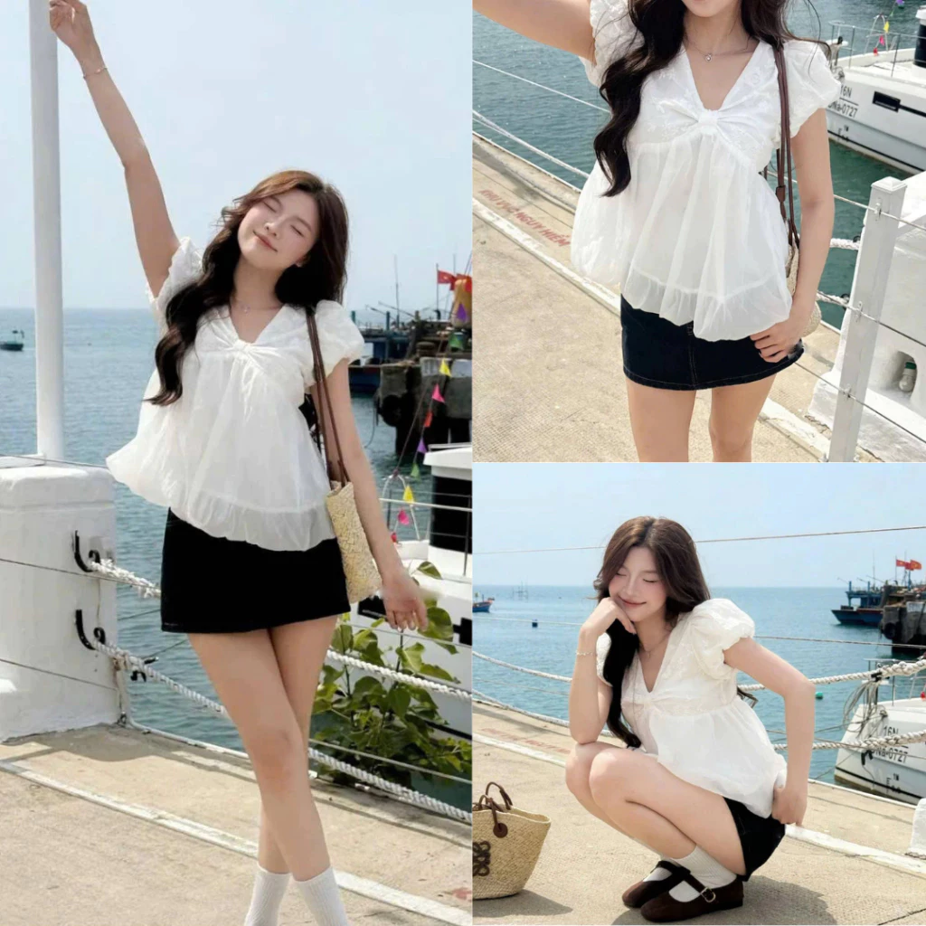 Áo babydoll thô boi phối tơ cổ V dáng bí phồng phong cách trẻ trung tiểu thư sang trọng MS158