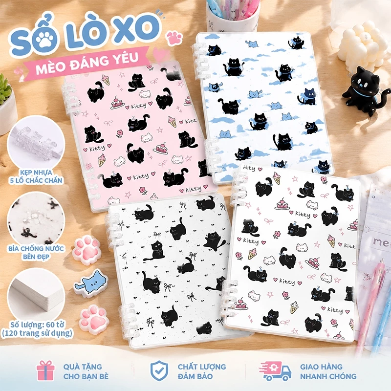 【NEW🔥】Sổ còng A5/B5 thay được giấy kẻ ngang 120trang 80gsm M.Y Khuyết Còng Không Đau Tay  TuyếtMèo Xinh sổ ghi chép