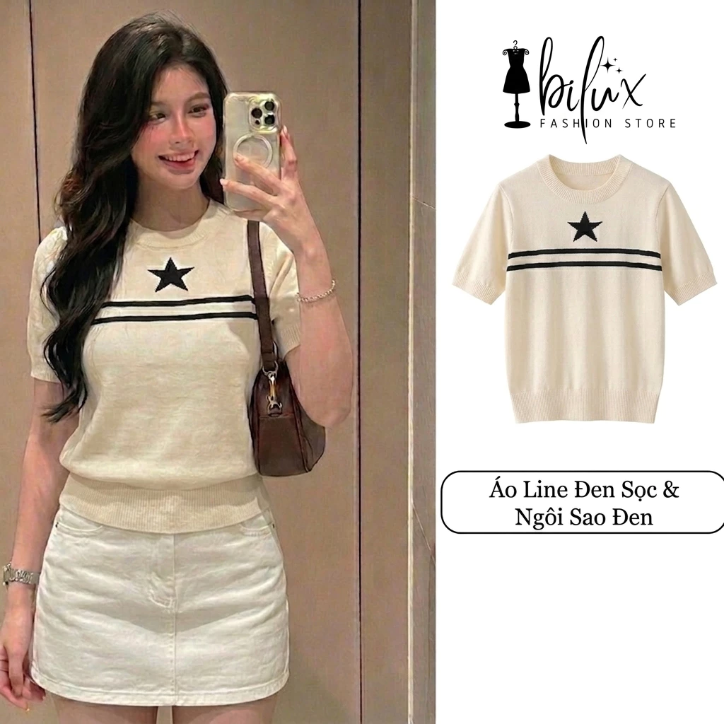 Áo Len Dệt Kim AT06 Họa Tiết Ngôi Sao Phối Đường Line Đen Áo Len Mongtoghi Basic Dễ Phối Outfit Xinh