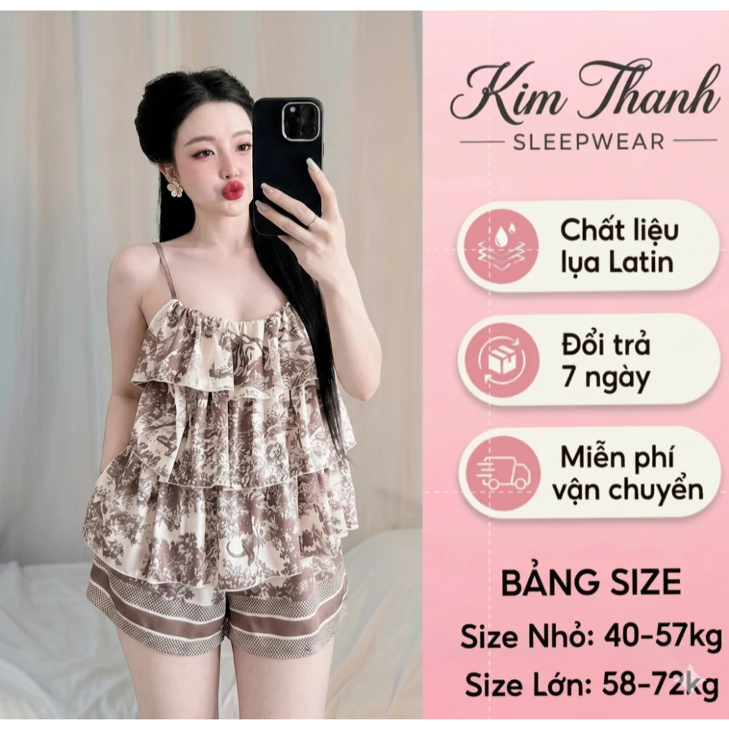 Bộ Pijama 2 Dây X1 Kim Thanh - Xếp Li 3 Tầng Lụa Latin Short Bông Mặc Nhà 9 Màu Size 40-72kg