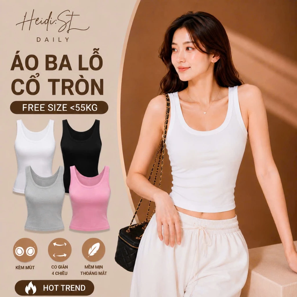 Áo Ba Lỗ Cổ Tròn Trơn Kèm Mút Ngực Nữ CAROLL,Áo Chất Thun Tăm Co Giãn Hai Dây Bản To Kiểu Dáng Gợi Cảm