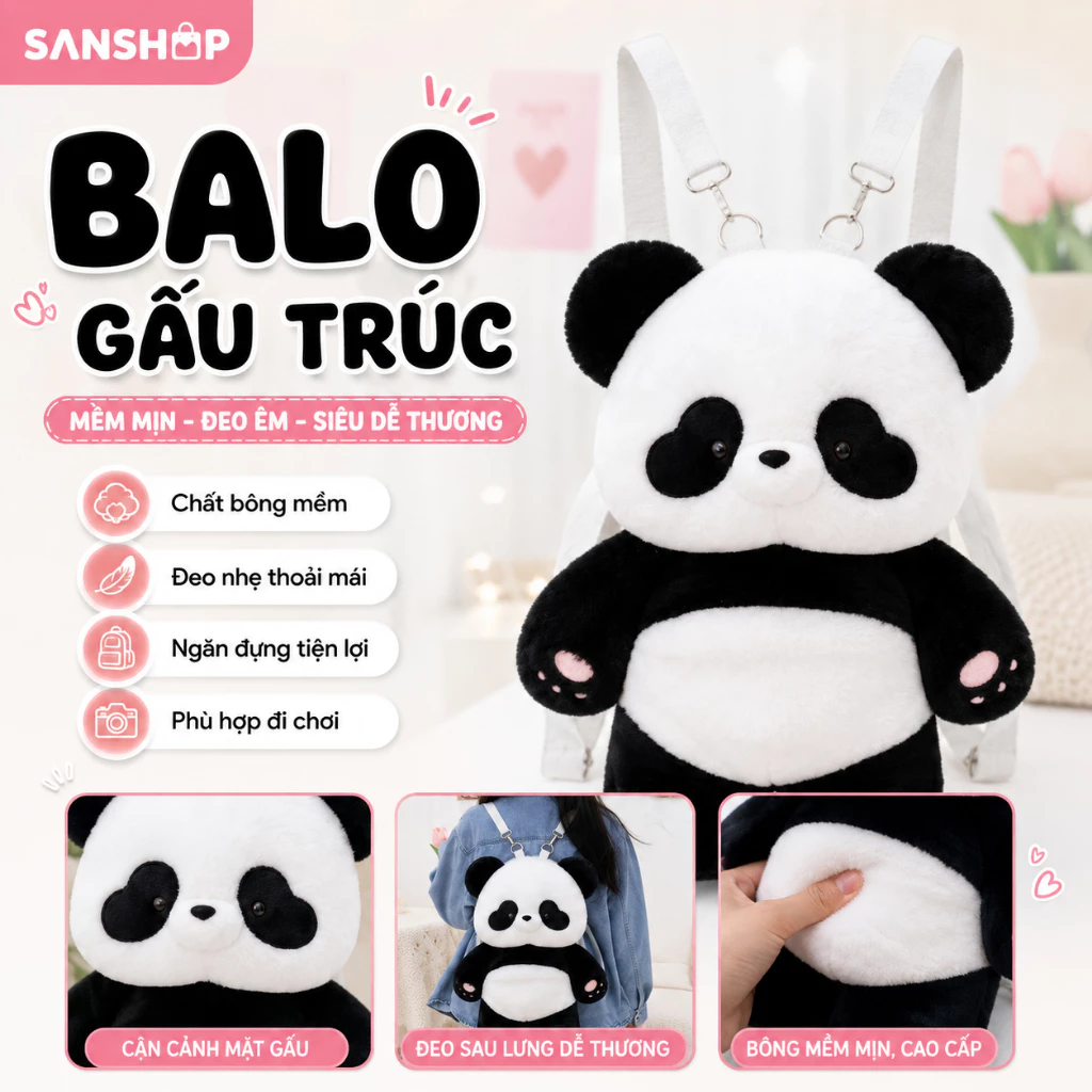 Ba Lô Gấu Trúc Lông Mềm Dễ Thương Size 40Cm Đeo Đi Chơi Chụp Ảnh Sanshop