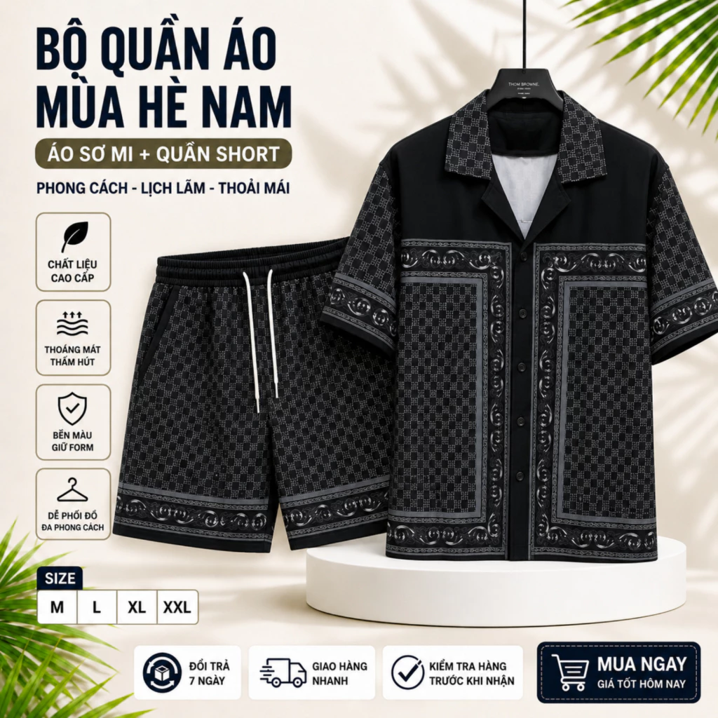 bộ quần áo ngắn tay nam họa tiết mặc ở nhà mặc cực đẹp, áo sơ mi nam chất vải lụa thoáng mát PLN N13