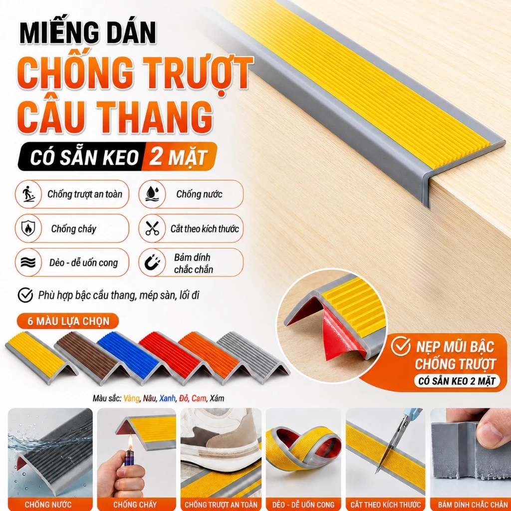 Miếng Dán Chống Trượt Cầu Thang Có Sẵn Keo DLS Nẹp Mũi Bậc Thang Chống Thấm Nước, Mài Mòm Có Keo Dính Chắc Chắn