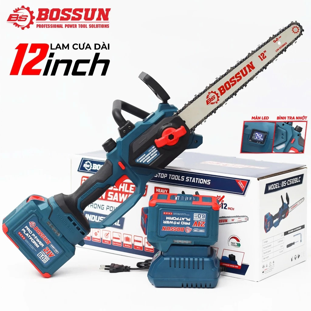 [CHÍNH HÃNG] Máy Cưa Xích 12in Bossun BS-CS12BLC Không Chổi Than - 100% Lõi Đồng - Chuyên Cưa Gỗ, Cắt Cây,..