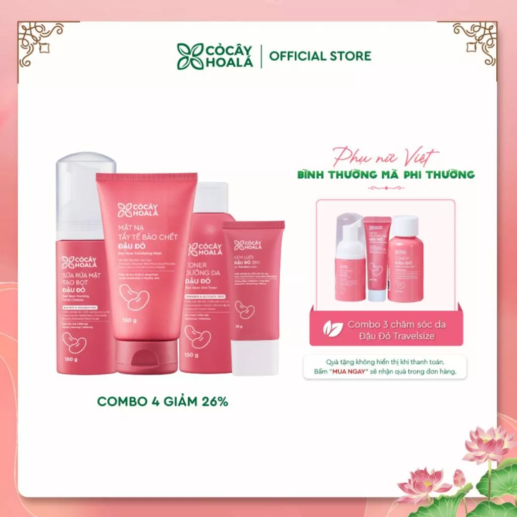 [HỎA TỐC] COMBO Sữa Rửa Mặt, Tẩy Da Chết, Toner Và Kem Lười Đậu Đỏ Giúp Dưỡng Da Sáng Mịn (Cho Mọi Loại Da)
