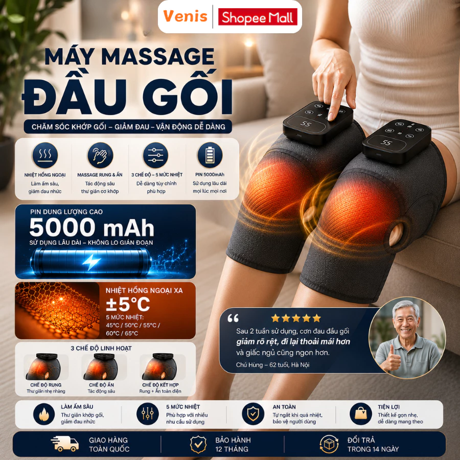Máy Massage Đầu Gối Không Dây Rung 3D Chườm Nóng Hồng Ngoại Hỗ Trợ Giảm Đau Khớp