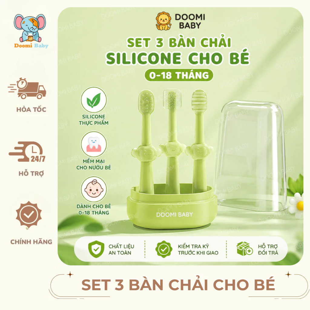 Set 3 Bàn Chải Silicone Cho Bé Từ 0-18 Tháng Mềm Mại, An Toàn Doomi Baby - HT738