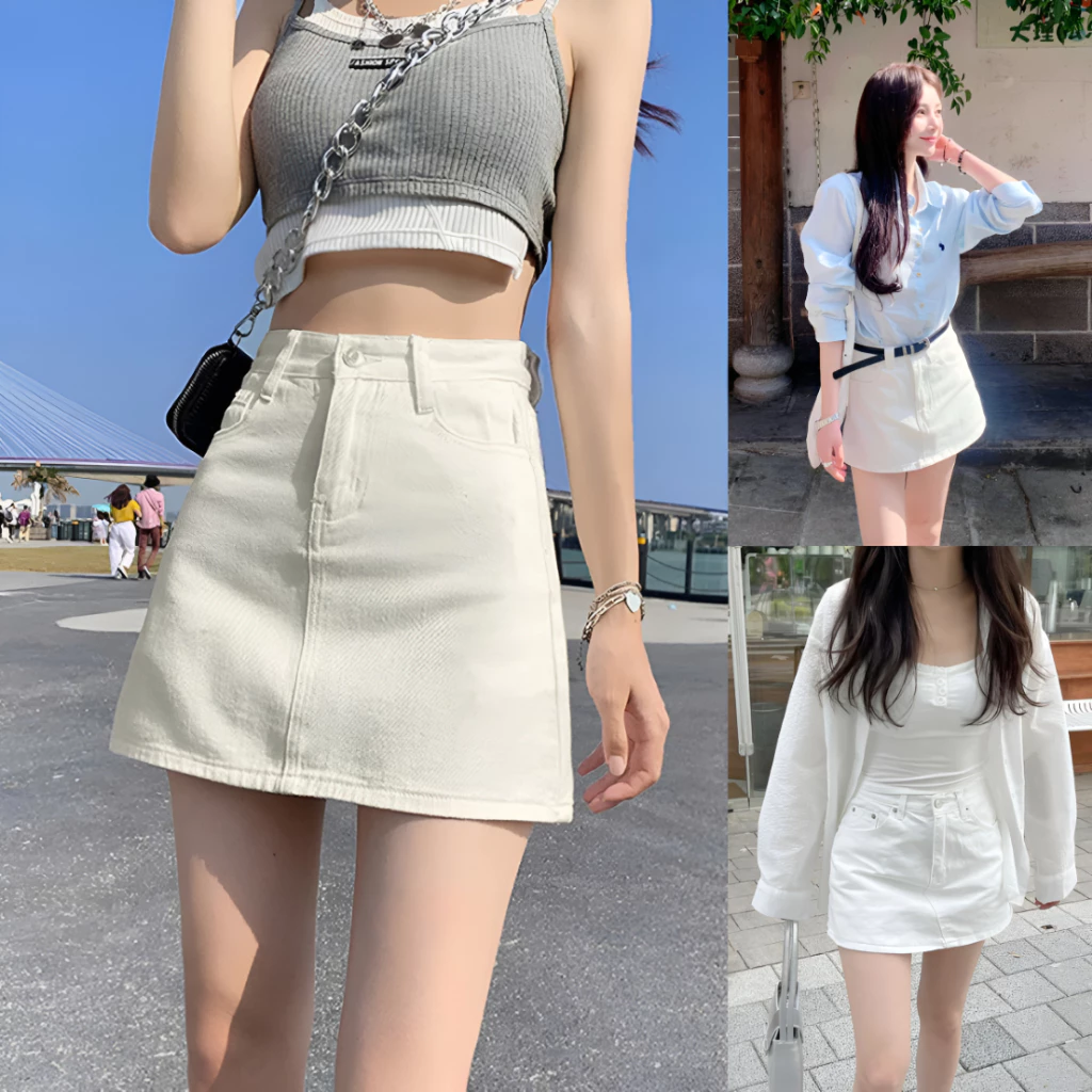 (ẢNH THẬT) Chân Váy Jean Chữ A Ngắn Cạp Cao Có Quần Bảo Hộ, Chân Váy Ngắn Nữ Vải Bò Trơn 30 - 35 CM
