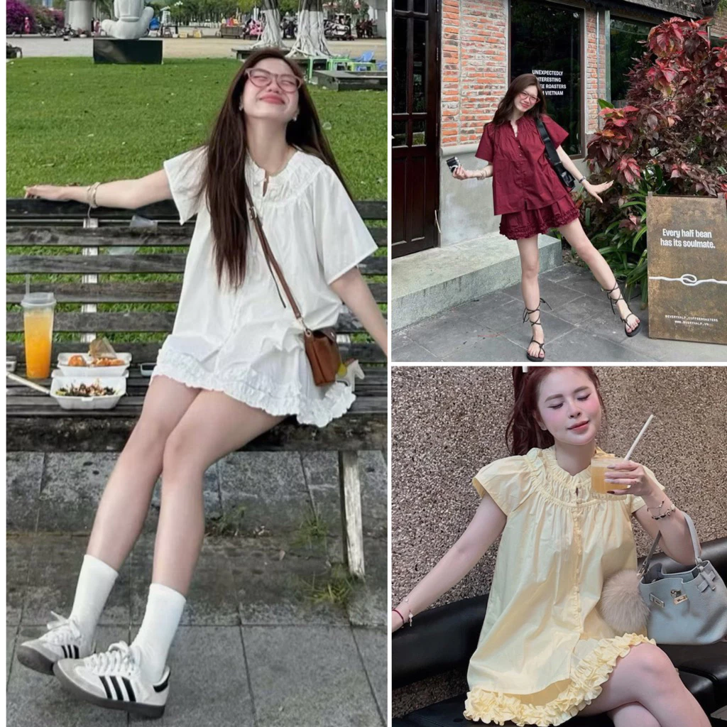 (Hàng loại 1) Set áo babydoll nhún kèm chân váy tầng bèo BABI SET