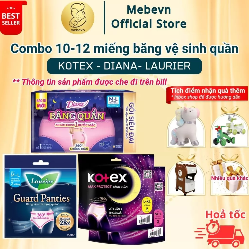 Combo 10-12 băng vệ sinh quần Kotex, Diana, Laurier. Băng vệ sinh nữ dạng quần size M/L - L/XL