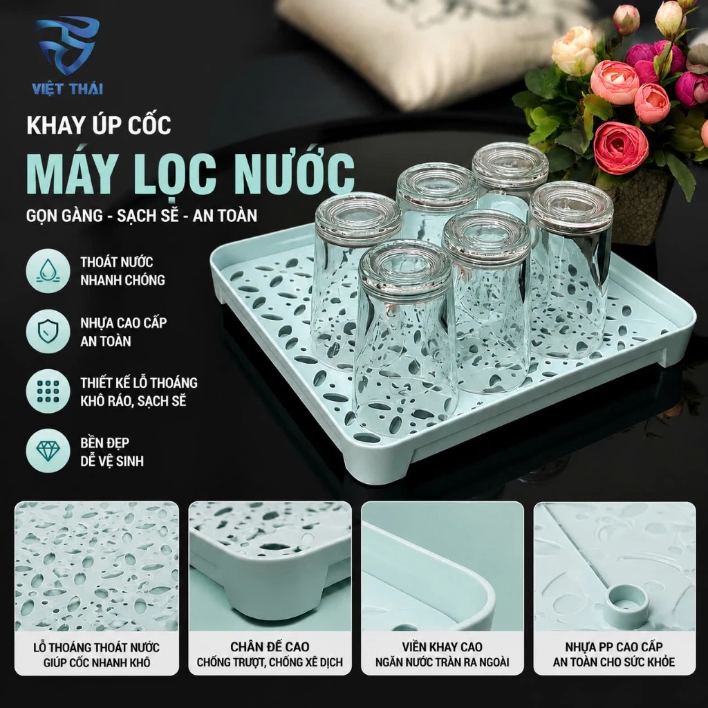 Khay Úp Cốc Máy Lọc Nước - Khay Đựng Ly Cốc Thoát Nước Nhanh, Nhựa Cao Cấp Chống Trượt