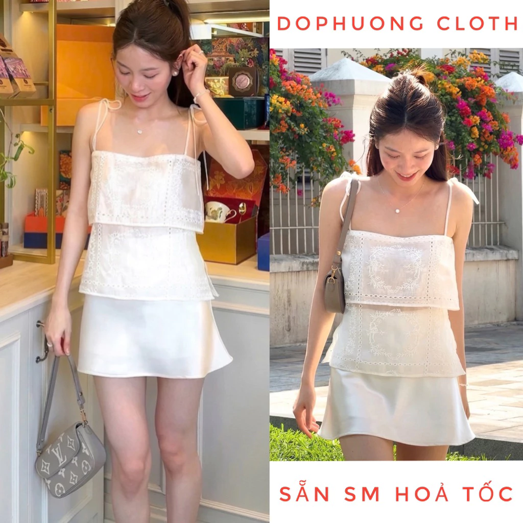 (Hàng QC đẹp có video thật) Áo Hai Dây Thêu Hoa Layer Dây Áo Buộc Vai Tiểu Thư Hàn Quốc Cici Top