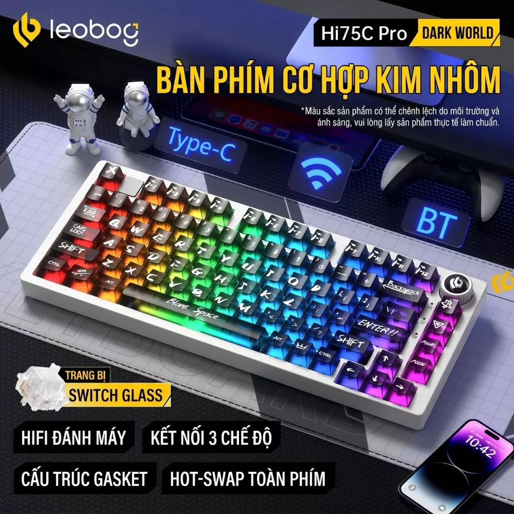 Bàn Phím Cơ LEOBOG Hi75C PRO Nhôm Cao Cấp Không Dây Bluetooth 3 Chế Độ Có Núm Xoay Led RGB