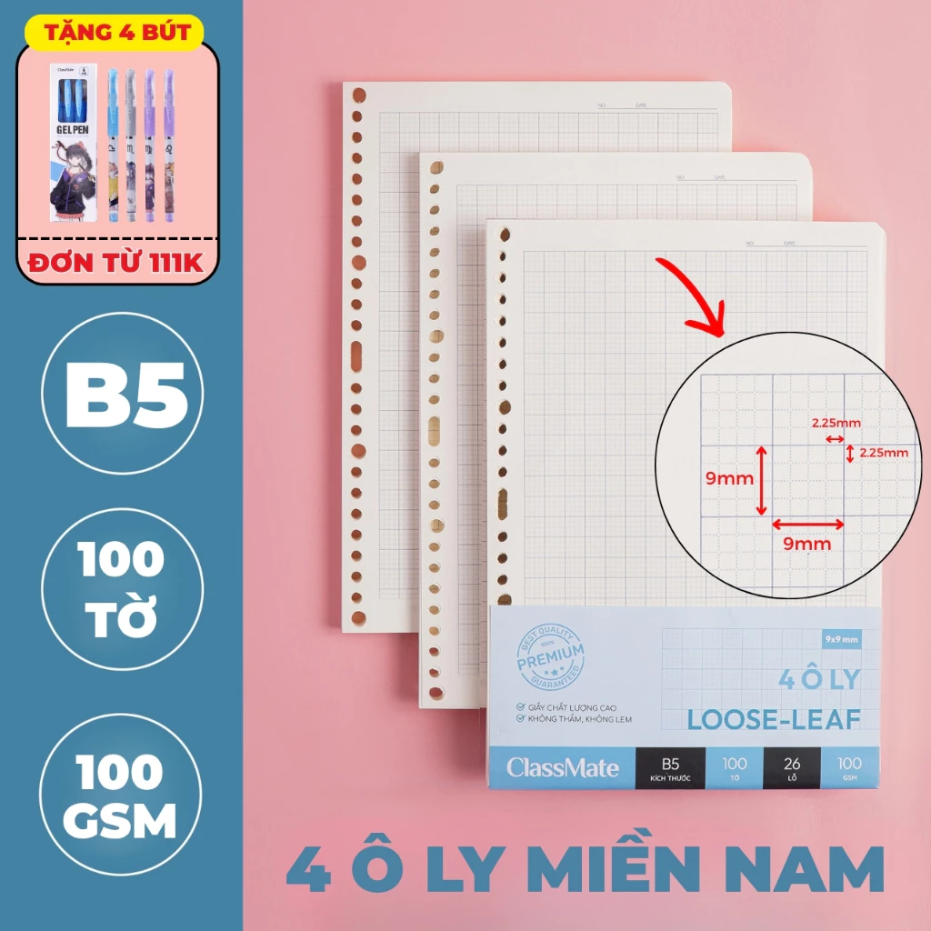 [63K Tặg Bút Gel] Giấy Refill Classmate Kẻ 4 Ô Ly Miền Nam 100GSM Tráng Keo Chống Thấm Ruột Sổ Còng B5 Viết Ngôn Ngữ