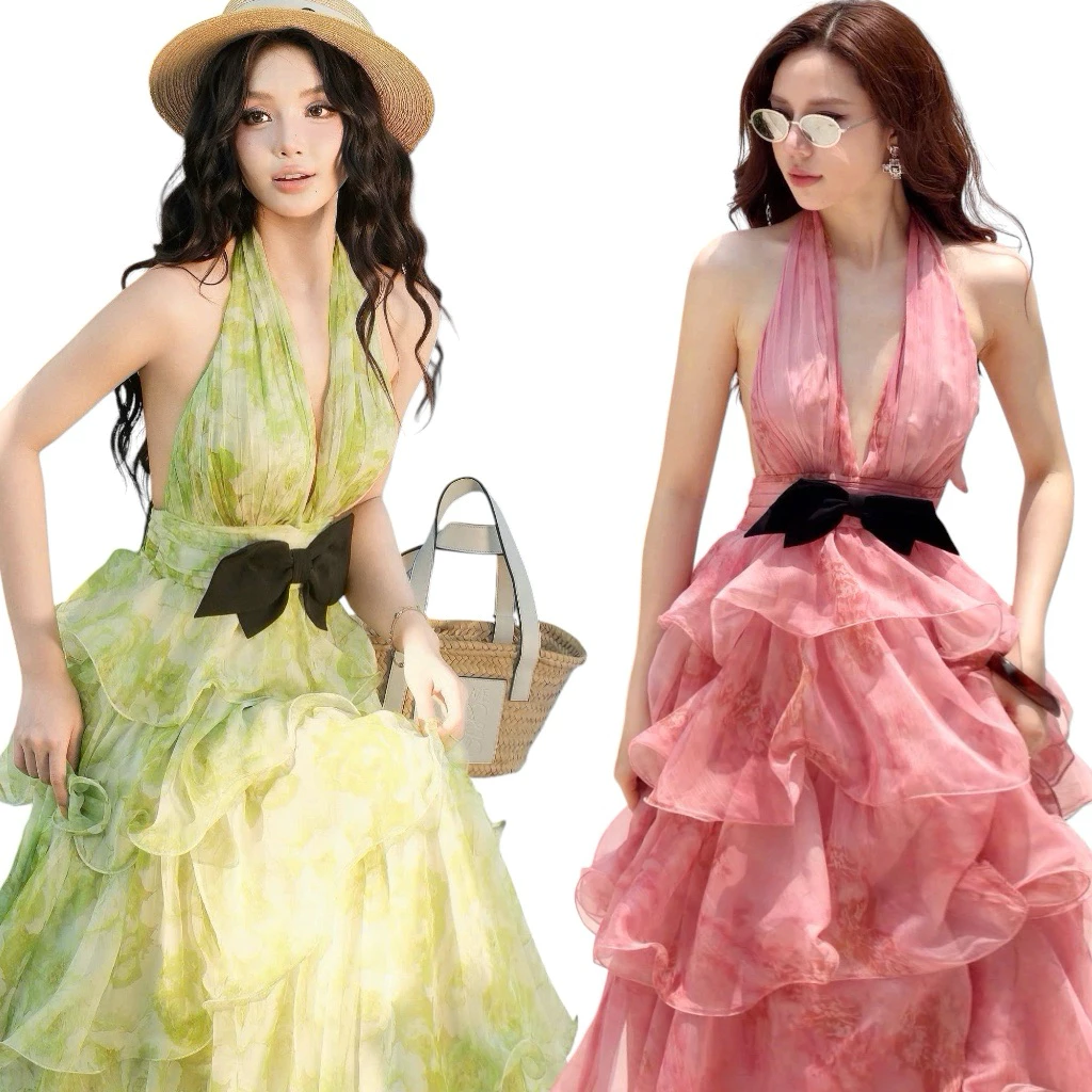 634 - Đầm Maxi Cổ Yếm Xoè Bồng Nơ Đen Eo Thiết Kế Cao Cấp