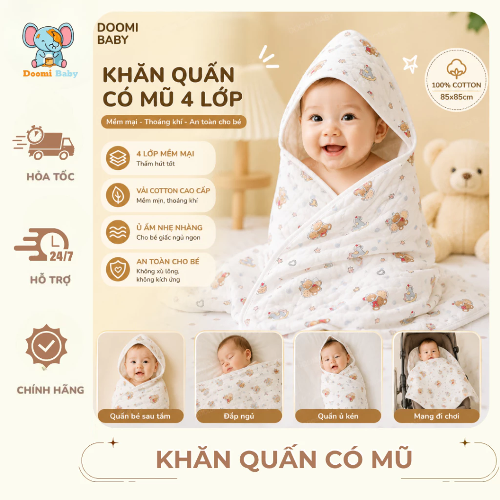 Khăn Quấn Thu Hè Cho Bé Sơ Sinh Có Mũ 4 Lớp , Ủ Kén Cho Bé mềm mại thoáng khí 85x85cm- Doomi Baby - HT608
