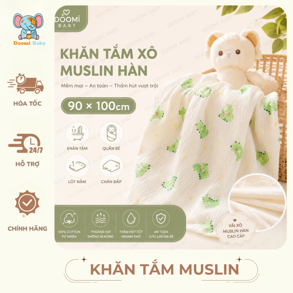 [Combo 2 Chiếc]Khăn Tắm Xô Muslin Hàn 90x100cm Cho Bé, Mềm Mịn Thấm Hút Doomi Baby-HT630-HT855-HT876