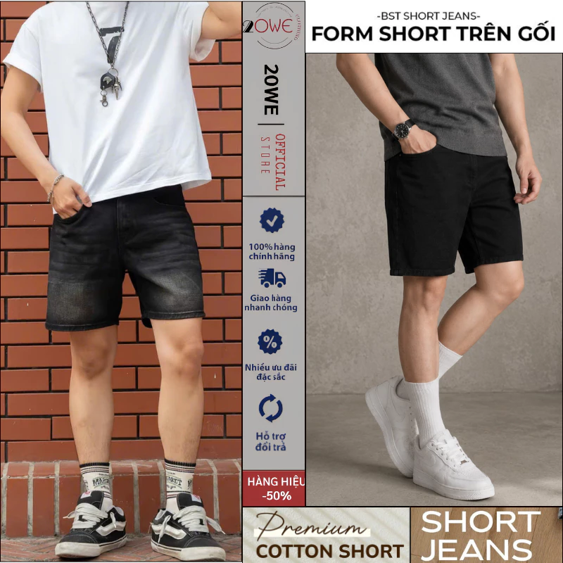 Quần Short Jean Nam Đen Unisex Dáng Trên Gối Màu Đen Xám Wash Phong Cách Hàn Quốc 20WE