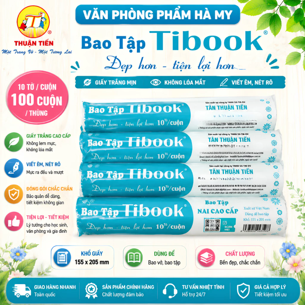 (Cuộn 10 Cái) Bìa Bao Tập Nai Cao Cấp TiBook 20.5 Cm - Khổ Tập Học Sinh (155x205mm)