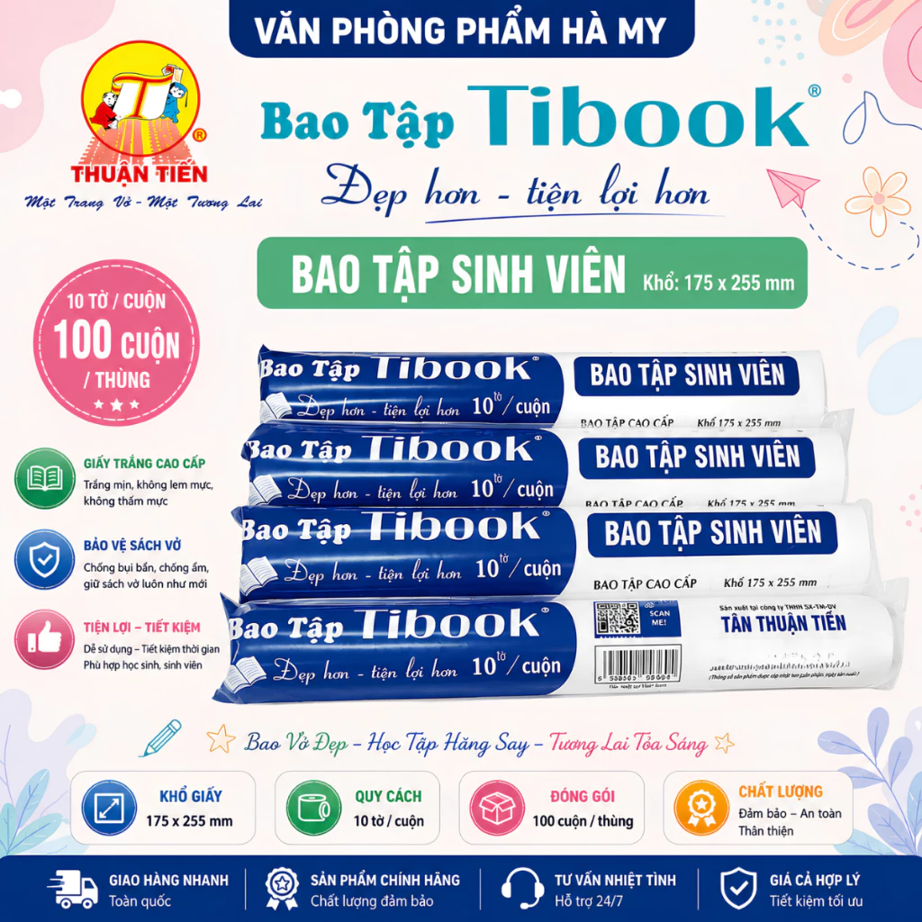 (Cuộn 10 Cái) Bìa Bao Tập Sinh Viên Cao Cấp TiBook 25.2 Cm - Khổ Tập Sinh Viên