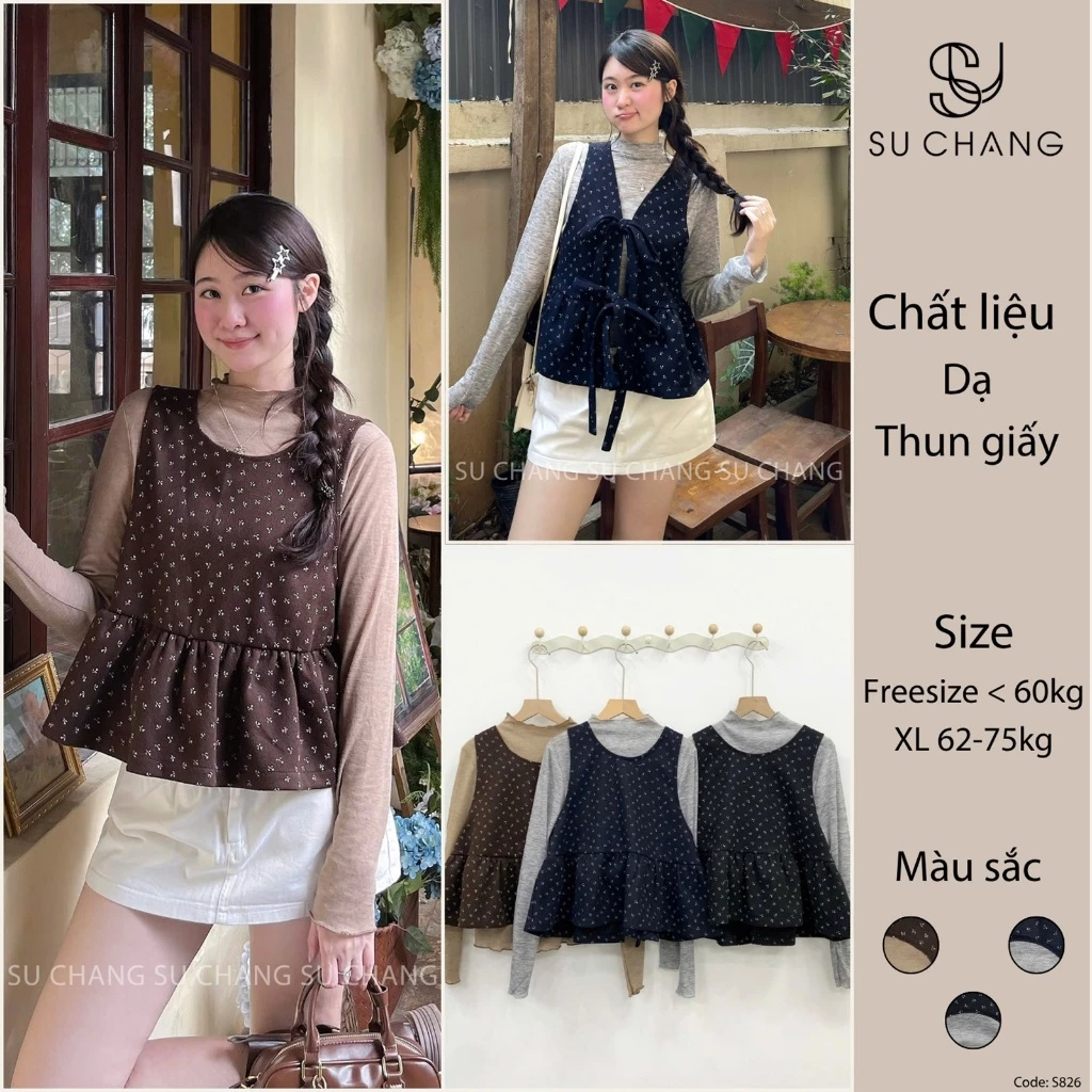 Set Yếm Dạ Hoa Nhí Kèm Áo Thun Giấy (có lẻ yếm) S826 Su Chang Thời Trang Nữ