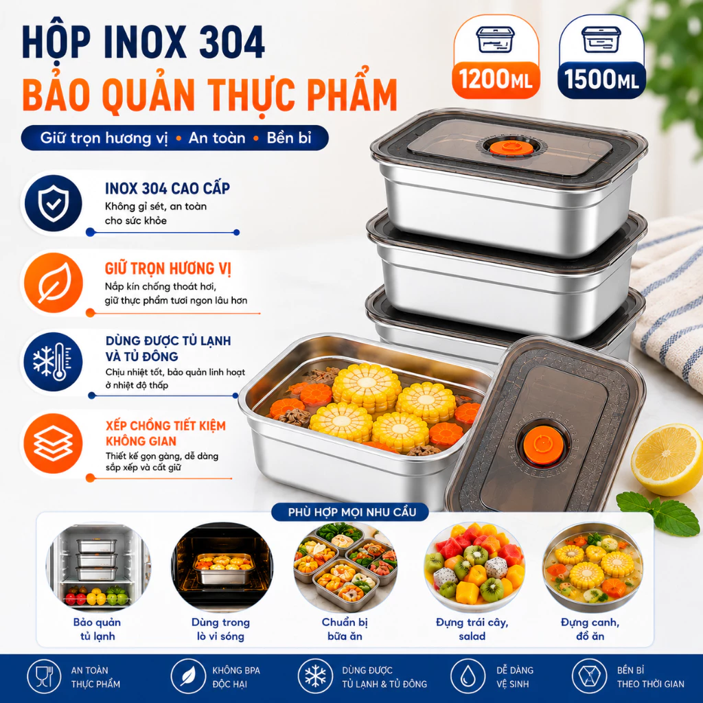 Combo 5/10 Hộp Đựng Thực Phẩm Inox 304 Cao Cấp, Nắp Hút Chân Không Kín Mùi, Chống Tràn 1200ML/1500ML