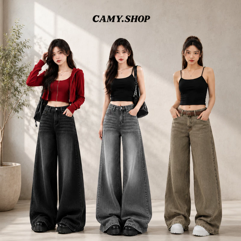 Quần jeans ống rộng suông Unisex CAMY Cạp Cao Tôn Dáng màu Đen Wash, Quần bò jean Ống suông siêu tôn dáng Calem.Club