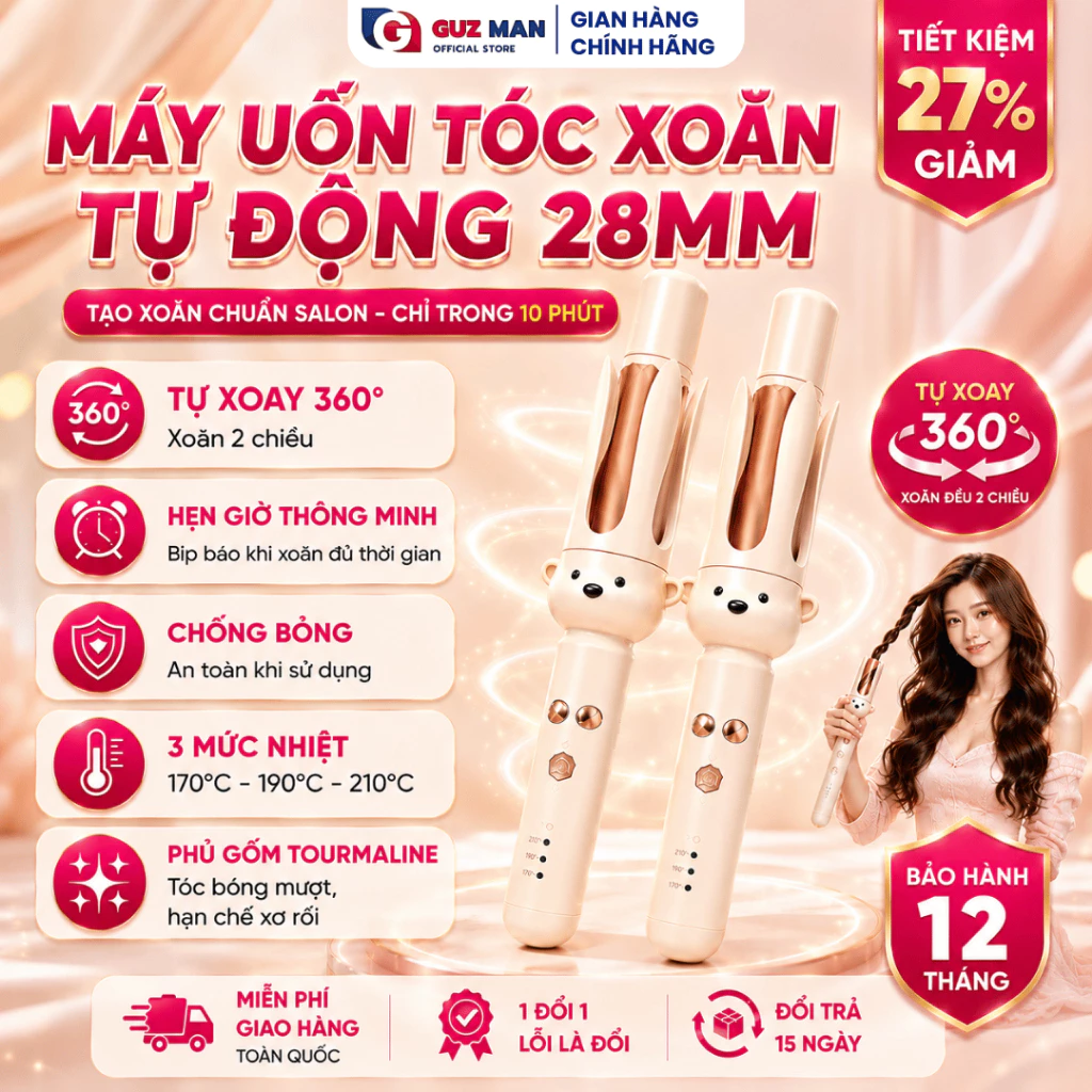 Máy Uốn Tóc Xoăn Tự Động Chất Liệu Gốm Sứ Đường Kính 28mm X2 Ceramic Chống Rối Tóc