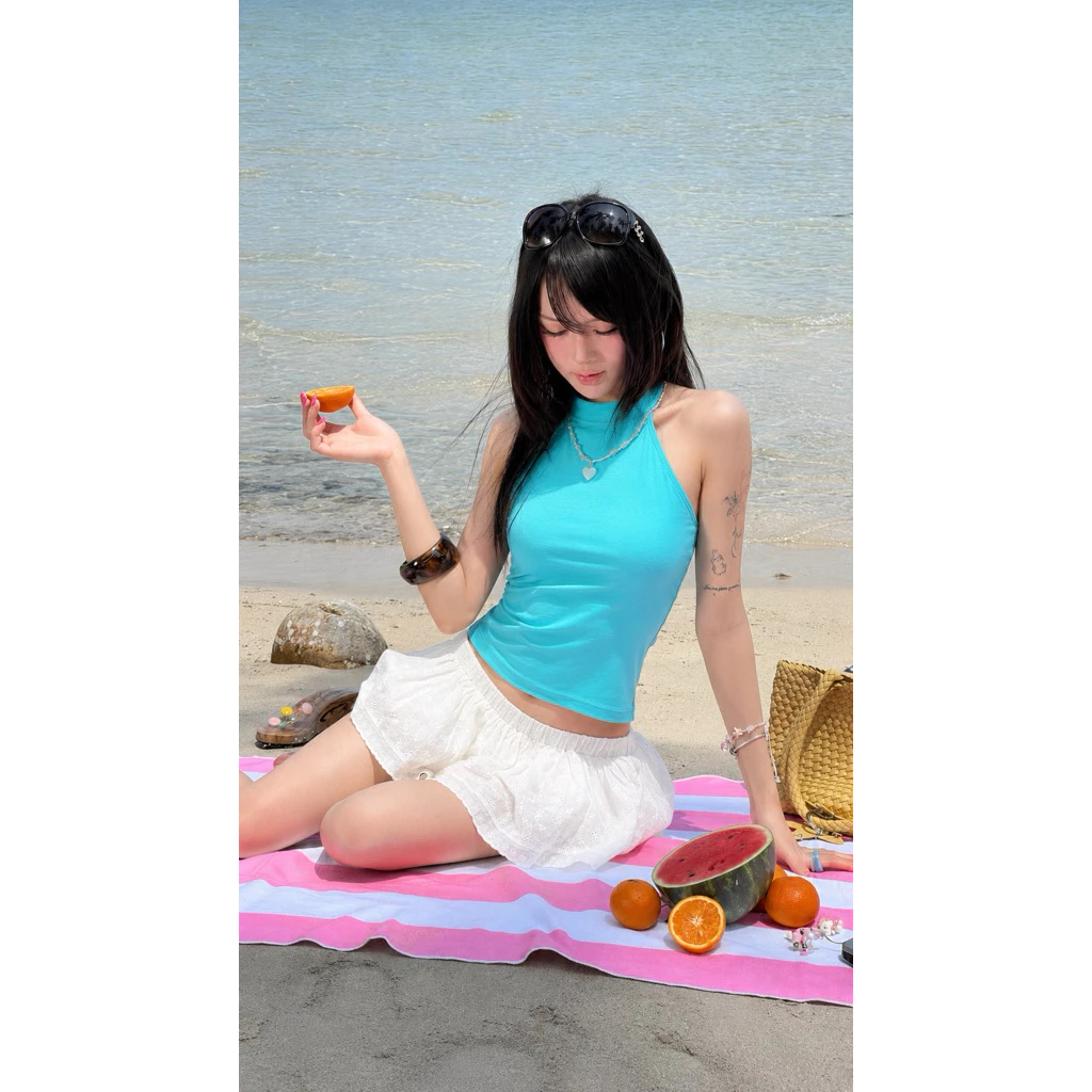 [Coco Top] Áo Cổ Yếm Nữ Màu Xanh Tiffany Chất Thun Áo Sát Nách Đi Biển Tôn Da Summer Vibes A09