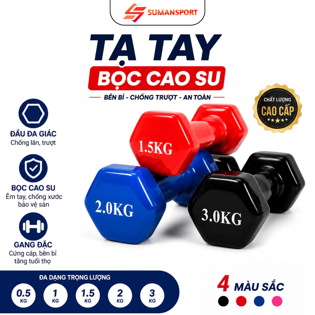 Tạ tay bọc cao su 1kg 2kg lõi gang cầm tập bắp tay thể thao nam nữ cao cấp chống trơn xước vỡ sàn chuyên dụng