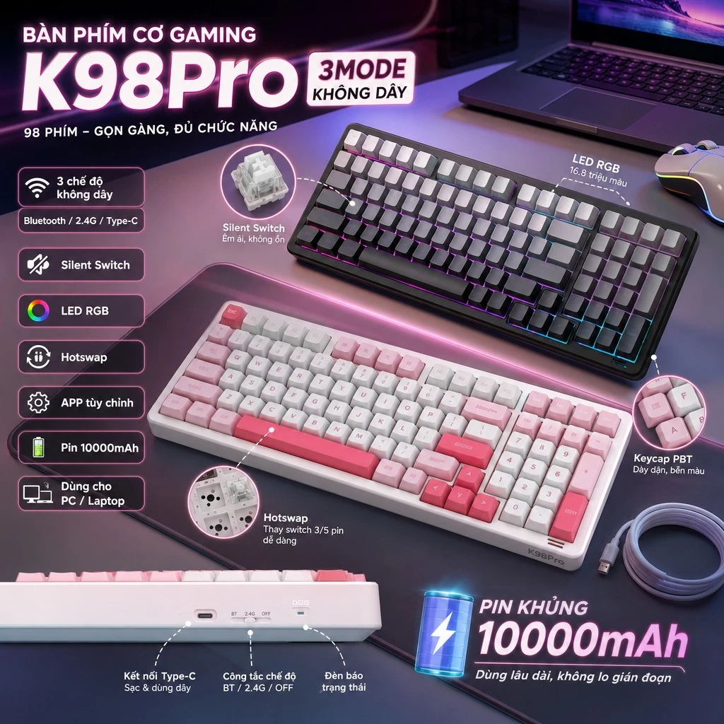 Bàn phím cơ ONIKUMA gaming Không dây R98Pro Bluetooth Silent Switch LED RGB Hotswap cho máy tính/laptop Có APP tùy chỉnh