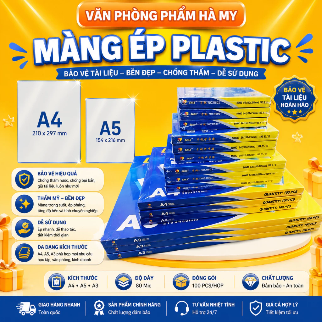 Màng Ép Plastic Khổ A3, A4, A5 Nhiều Định Lượng 100 Tờ/Xấp
